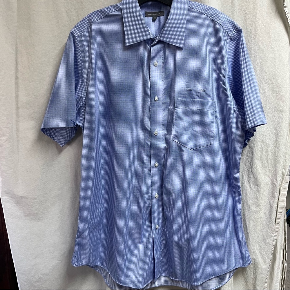 American Airlines Men's Blue White Checkered Short Sleeve Slim Fit Shirt, 17.5R